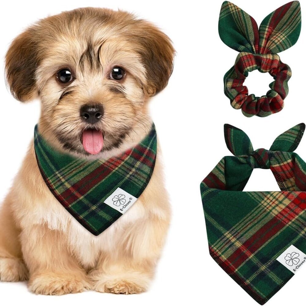 Christmas Dog Bandana & Matching Scrunchie Green Red Plaid Pet Dog Scarf Cute Do